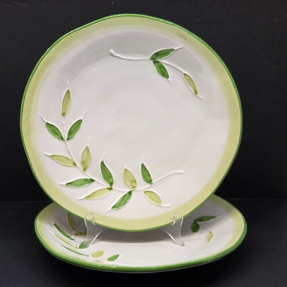 Maioliche Jessica Italy Set Of 2 Green On White 11 3/4" Dinner Plates GUC